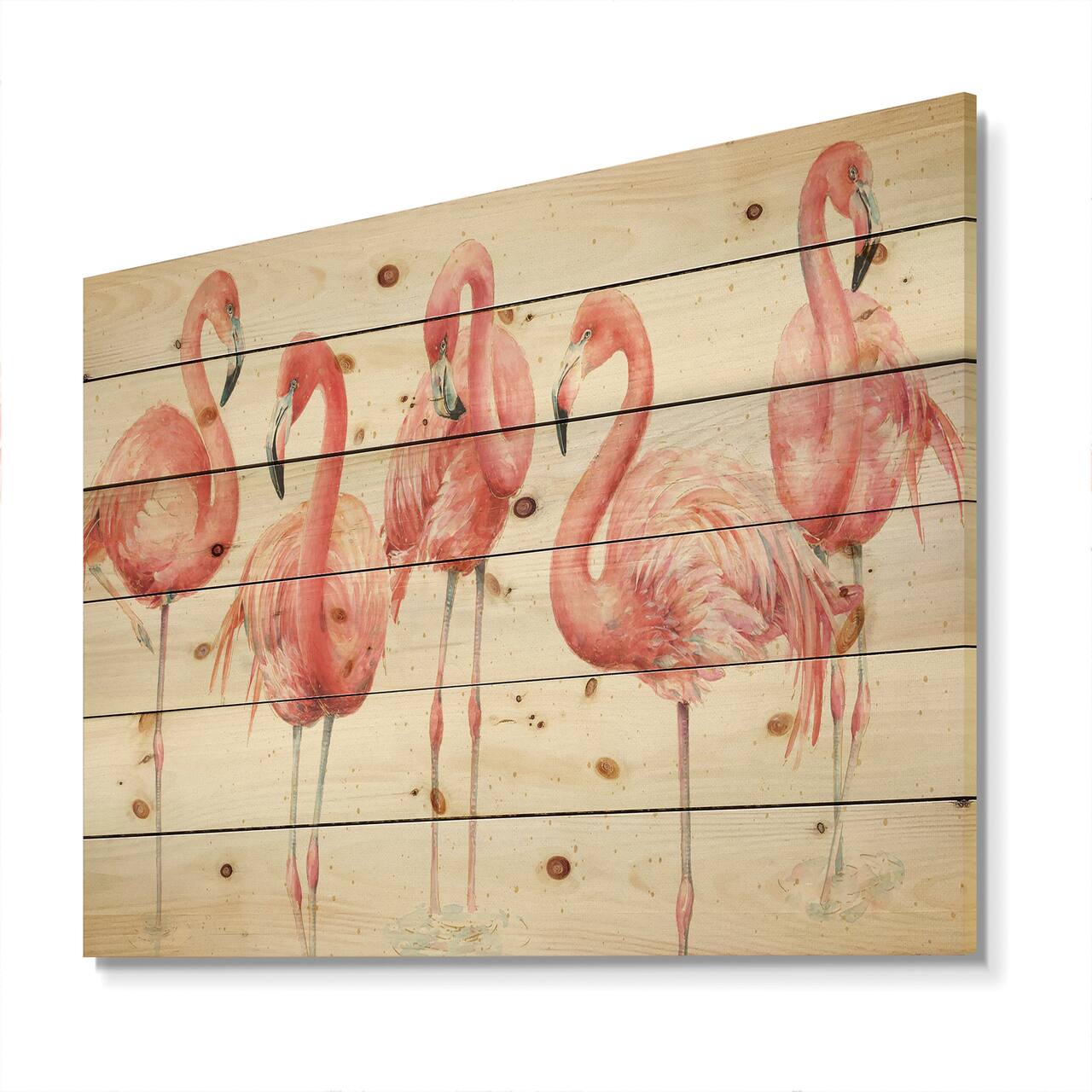 Designart - Gracefully Pink Shabby flamingo - Farmhouse Print on Natural Pine Wood